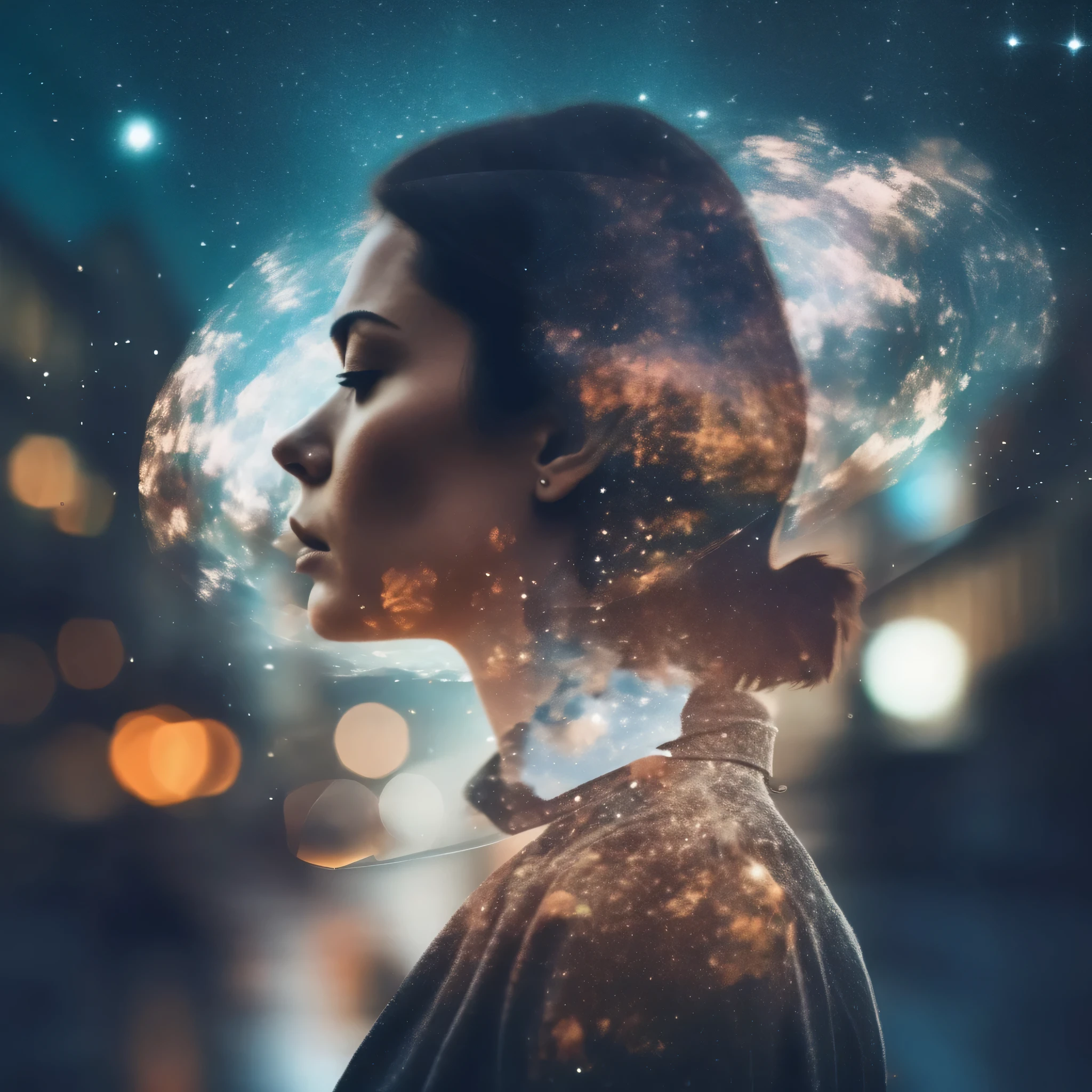 multiple exposure photography, double exposure, woman portrait and universe, perfect composition, street photography style, beautiful woman