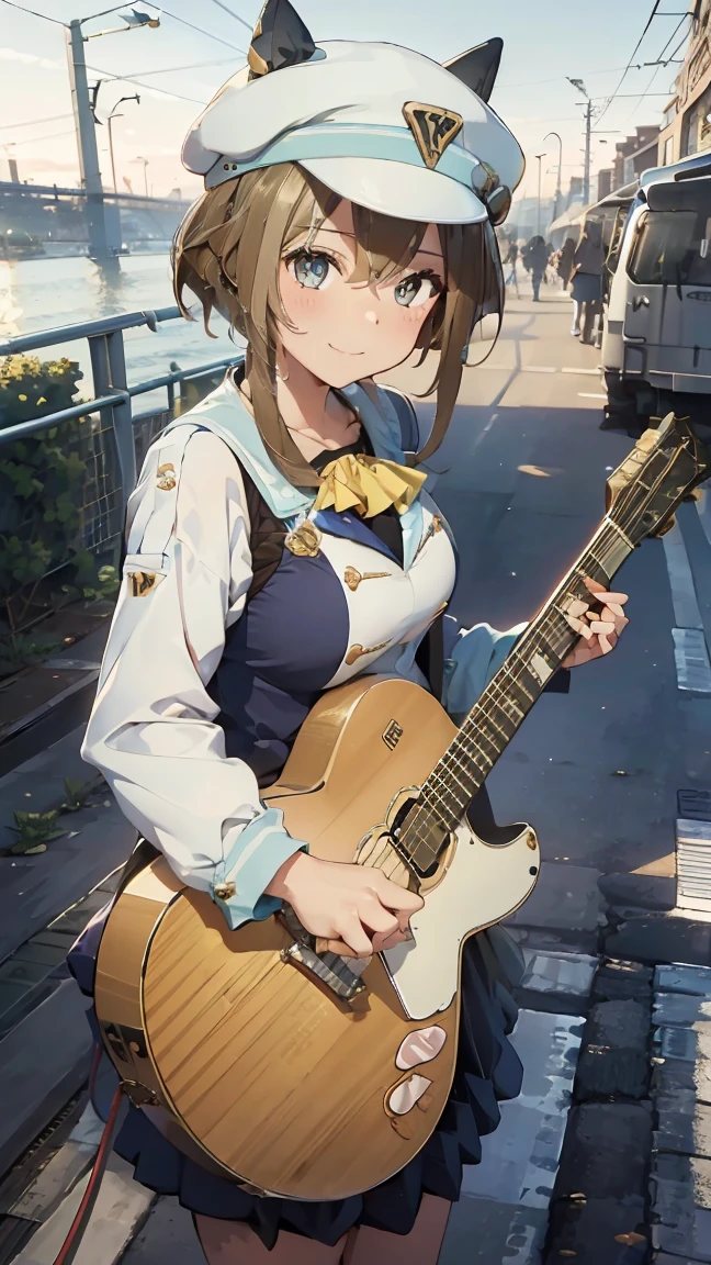 masterpiece, Highest quality, High resolution, Very detailed,(((Schwarzgran))), (((I have an electric guitar。)))、(((station)))、(((smile)))、(((train)))、sunny, Horse ears, White Beret, (((Waterfront)))