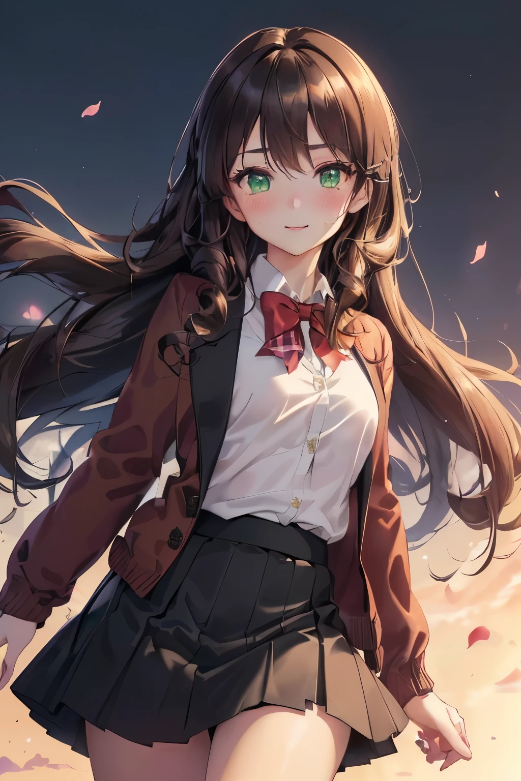 ((masterpiece, Highest quality, High resolution, 超High resolution, Pixel perfect, Written boundary depth, 4K, RTTX 10.0, High resolution))), 1 girl, single, alone, Beautiful Anime Girls, Beautiful art style, Anime characters, ((Long Hair, bangs, Dark brown hair, Curly Hair:0.4, Simple hairpin)), ((Green Eyes:1.4, Round eyes, Beautiful eyelashes, current eyes)), ((Detailed face, blush:1.2)), ((Smooth texture:0.75, Anime CG style)), Medium chest, ((Dynamic Angle, throw, close)), Perfect body, ((Red bow tie, , Black jacket, Open jacket, Brown cardigan, White shirt, Black Skirt, Checked skirt)), smile,