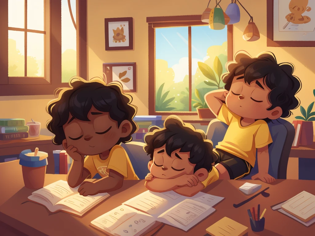Illustration of 3 years old baby black curly very short hair and brown eyes wearing yellow tshirt and black shorts feel very tired and lazy and sleeping ,eyes is closed and sitting on desk, background is large window time is morning
