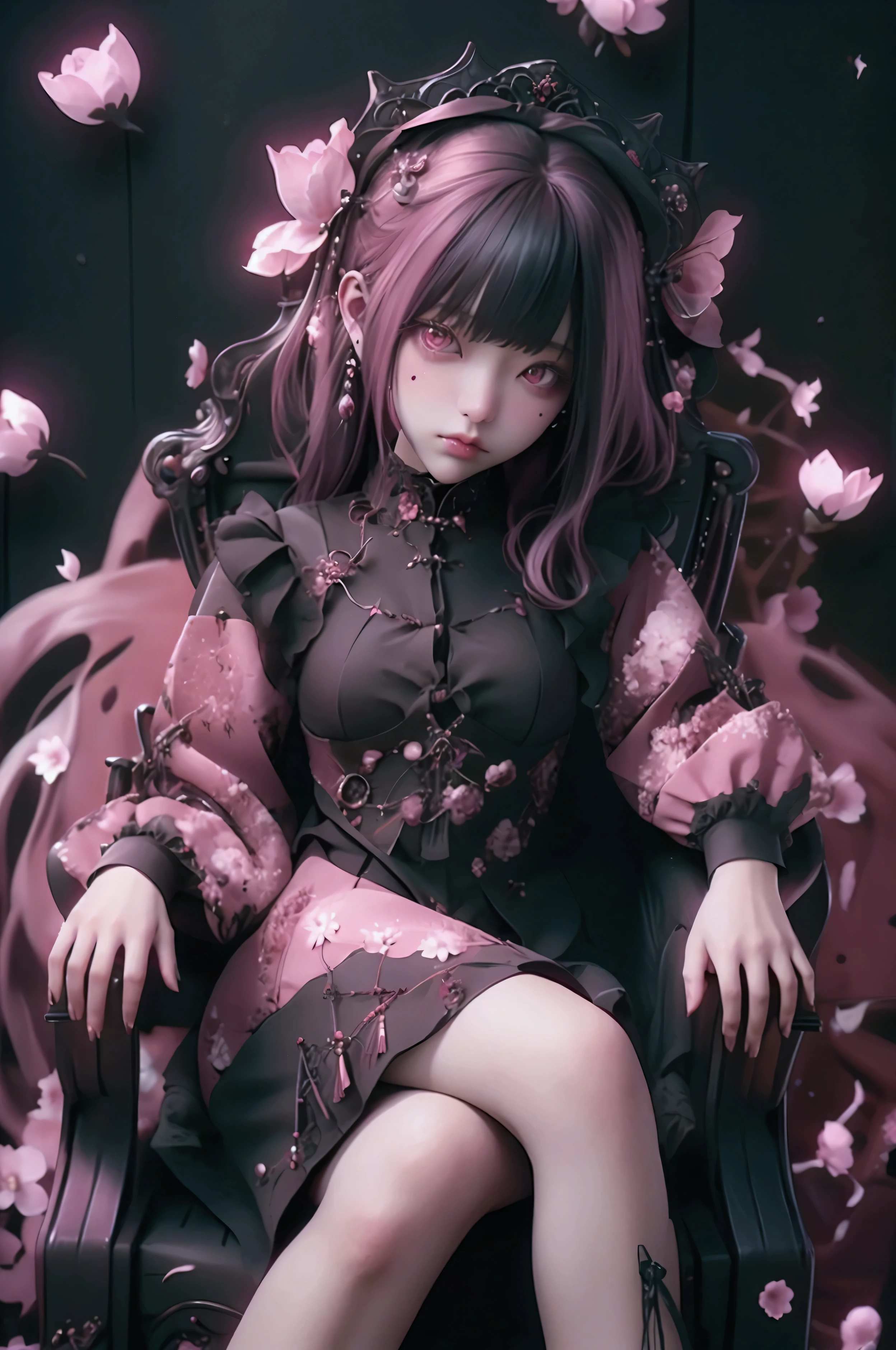woman,Fisheye lens,front,whole body,Throne,Luxurious chair,Sit on a chair,Crossing your legs,Game character costumes,novel,Gothic Lolita,dress,image color: Black and Pink,lanthanum, cherry blossoms, petals in the wind, Calm, mysterious, high quality, Dark look,Detailed eye design,