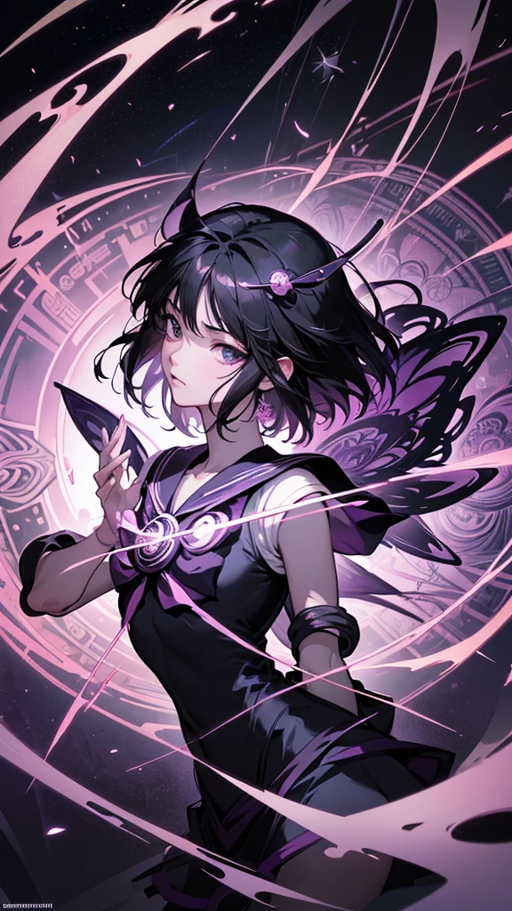 Official Art, unity 8k wallpaper, Very detailedな, Beautiful yet fleeting、beautiful, masterpiece,((Saturn)) Highest quality,Black Flower (zenTangle, Mandala, Tangle, enTangle), Flower Ecstasy, Very detailed, Black short hair、Dynamic Angle, ((Black Hair), (())The most beautiful form of chaos, ((Sailor Saturn)).elegant, Brutalist Design, Vibrant colors, Romanticism, James Jean, Robbie Dawi Anton, Ross Tran, Francis Bacon, It was very cold, Adrianne&#39;genius, Petra Cortright, Gerhard Richter, takato yamamoto, Ashley Wood, Atmospheric