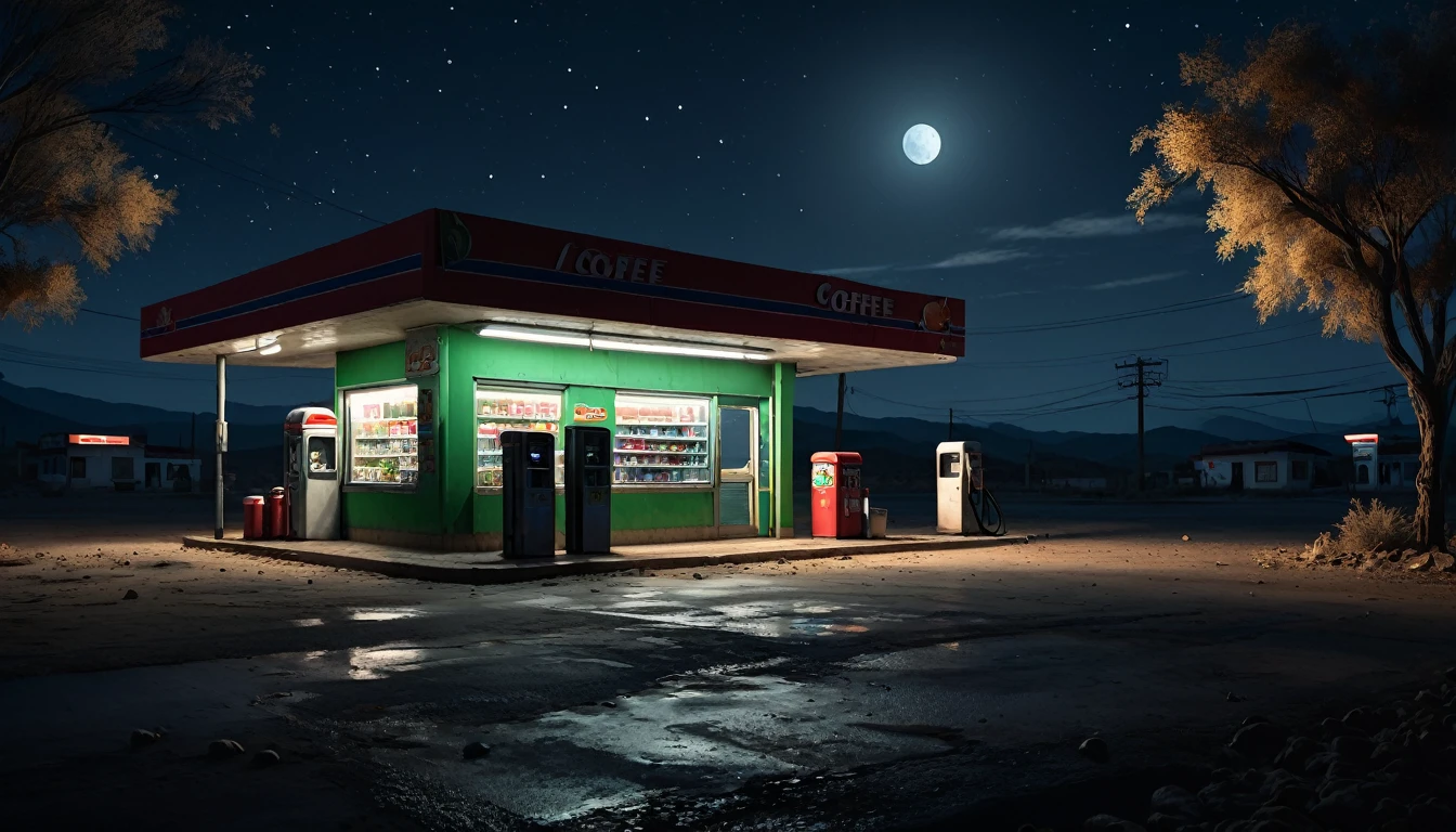 002: A realistic scene of a cold, moonless night. Juan stops at a desolate gas station on the outskirts of a small town in Jalisco. The place is shady, with only the blinking light of a street lamp illuminating the space. The wind blows strong, making dry leaves dance around. The silence is almost palpable, interrupted only by the occasional howl of the wind. Juan enters the small convenience store in search of coffee to combat his fatigue. The inside of the store is as desolate as the outside, with almost empty shelves and an air of abandonment. The scene is detailed, with dark cinematic tones and a realistic atmosphere, not format 16:9, similar to a video game screenshot, highlighting the solemn and immersive environment.