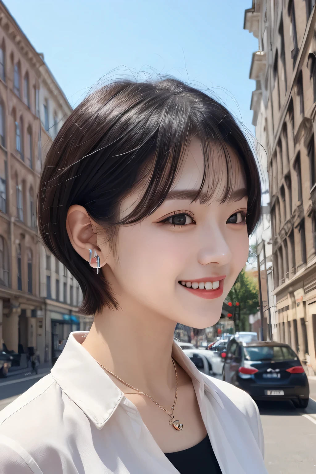 Highest quality, ,smile、Beautiful teeth alignment、Black Hair、Short Haircut、Dark eyeliner、、Long sleeve blouse、ear piercing、necklace, , Face Focus、The background is the building&#39;s corridor.
