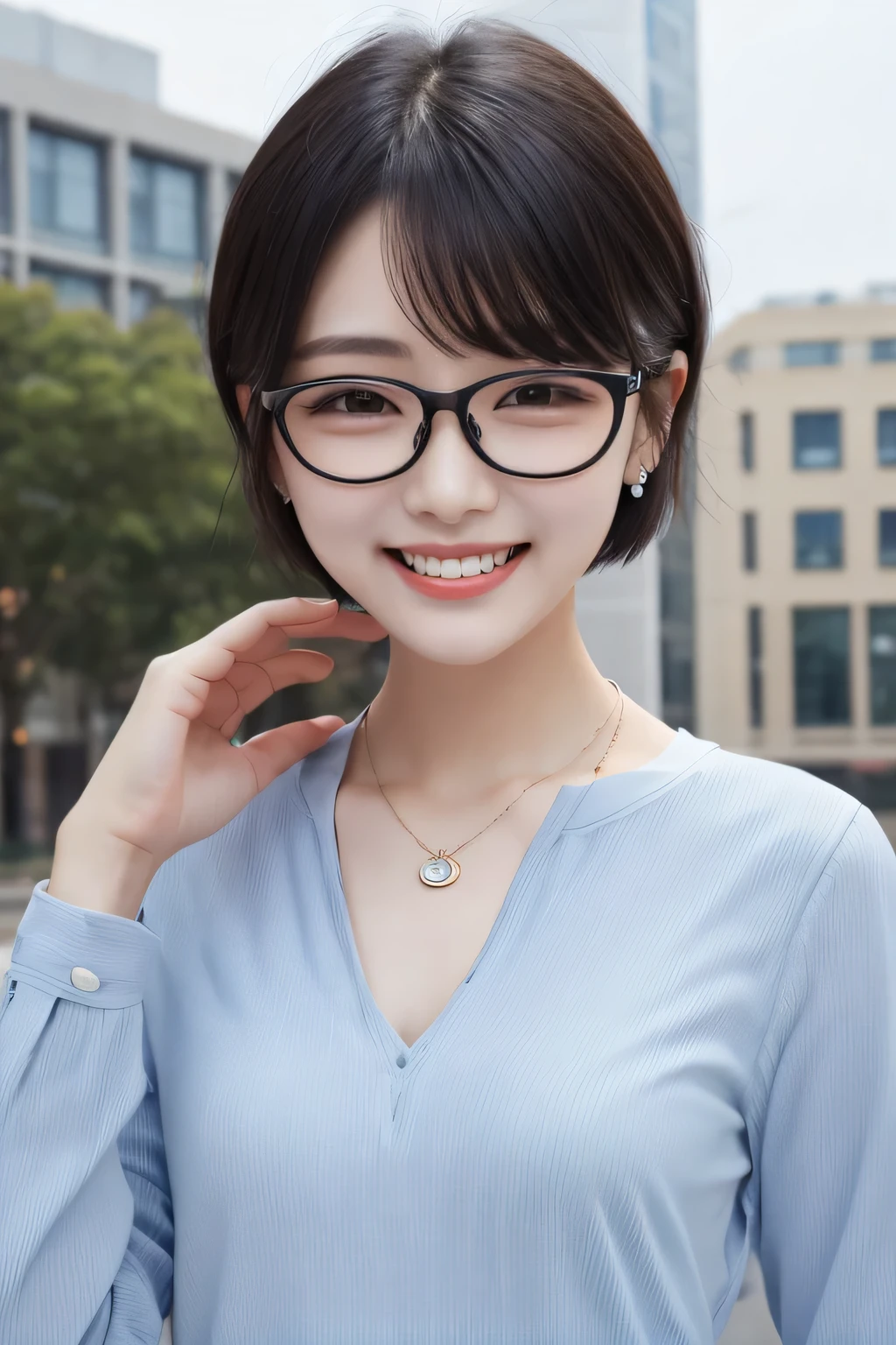 Highest quality, ,smile、Beautiful teeth alignment、Black Hair、Short Haircut、Dark eyeliner、Misaligned glasses、Long sleeve blouse、ear piercing、necklace, , Face Focus、The background is the building's corridor.
