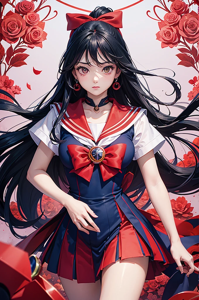 Official Art, unity 8k wallpaper, Very detailedな,Red roses are beautiful yet fleeting、((Mars))beautiful, masterpiece, Highest quality,blue flower (zenTangle, Mandala, Tangle, enTangle), Flower Ecstasy, Very detailed, Black long hair、Dynamic Angle, ((Sailor Mars)), (())The most beautiful form of chaos, ((Sailor Mars)).elegant, Brutalist Design, Vibrant colors, Romanticism, James Jean, Robbie Dawi Anton, Ross Tran, Francis Bacon, It was very cold, Adrianne&#39;genius, Petra Cortright, Gerhard Richter, takato yamamoto, Ashley Wood, Atmospheric