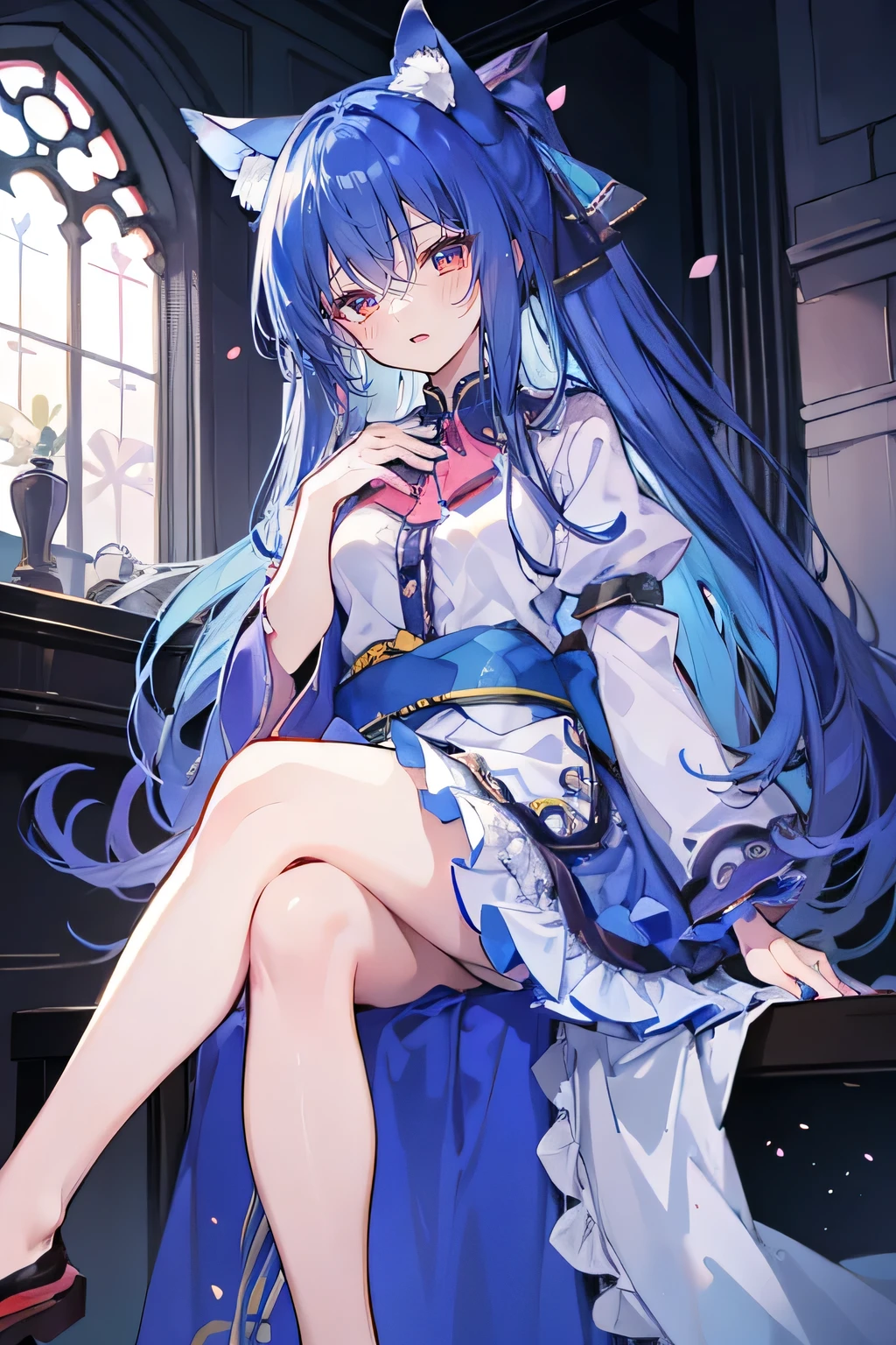 (masterpiece:1.2),Extremely detailed,Practical,expressive eyes,Fair skin,Perfect face shaping,1 Girl,
Japanese cartoons,Gorgeous blue hair, the long flowing blue hair,Floating clothes,Cat ears,Petals fall,beautiful lola,Young Angel,
Place your hands on your waist,sit elegantly on the ground,Cross your legs,Gentle and peaceful background,stately church,Place your hand on your lips。