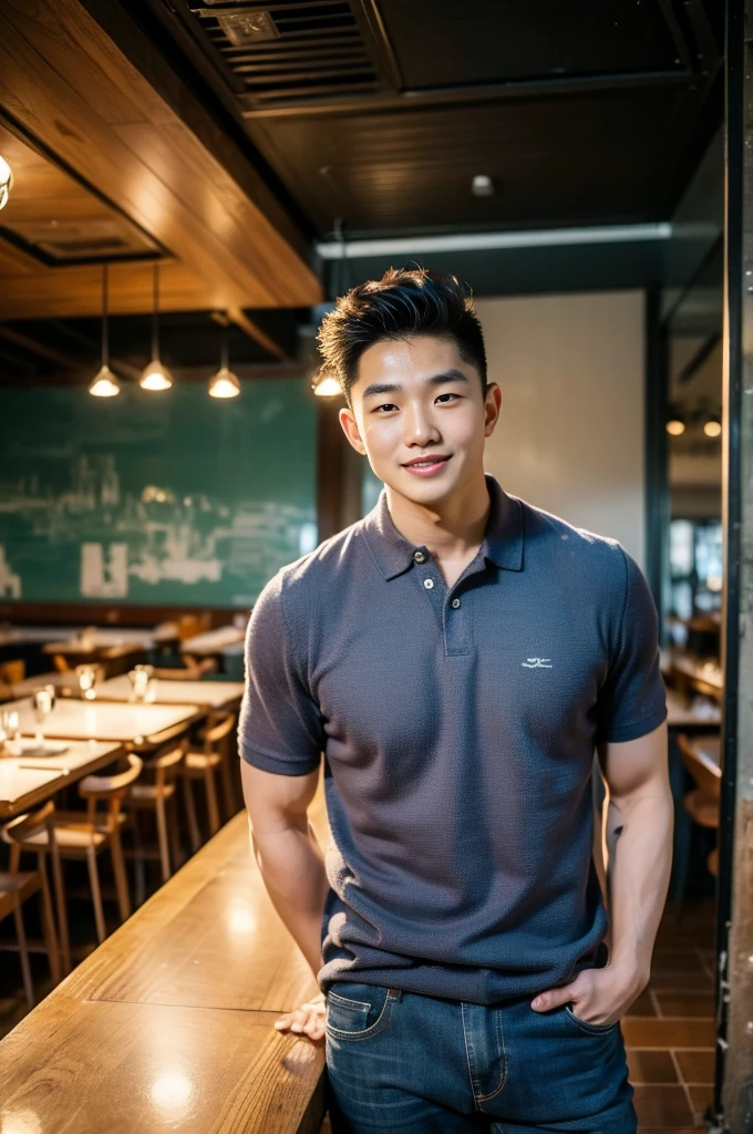 ((realistic daylight)) , Young Korean man in only a polo shirt, no stripes, and jeans., A handsome, muscular young Asian man looks at the camera. , in the restaurant ,turn sideways, smile