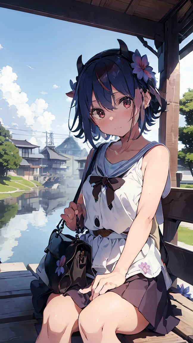 masterpiece, Highest quality, High resolution, Very detailed,(((Mikoto Naruka))), (((station)))、(((blue flower)))、(((train)))、(((bag)))、(((blue sky)))、(((Sitting on a bench。)))、(((Black Hair)))