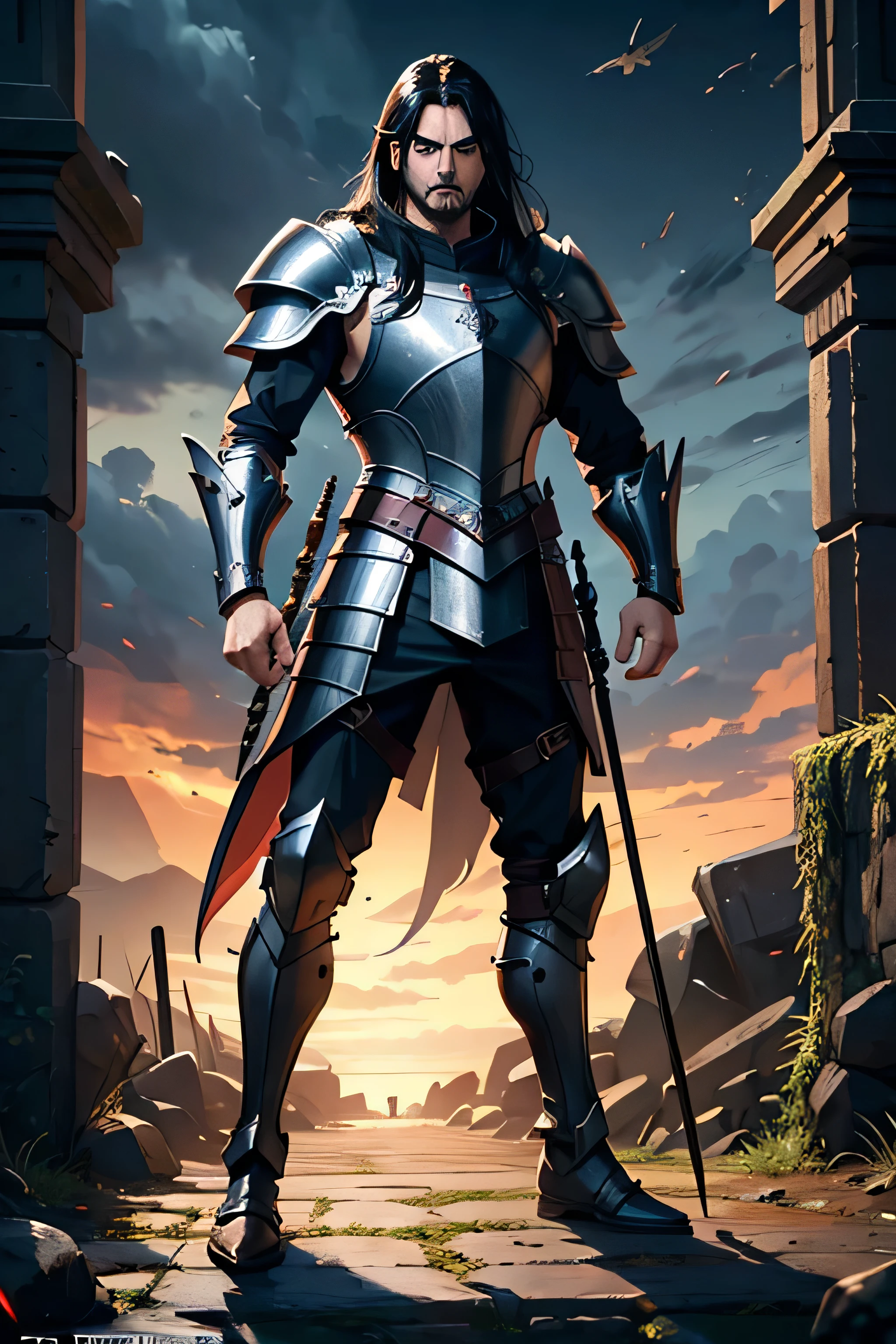 make an illustration of male gate guardian, medieval time, chest plate armor,  holding spear, about 35 years old, long black hair, furious expression, full body, still pose, full posture, high res, ultra sharp, 8K, masterpiece, looking at viewer, perfect finger and hand