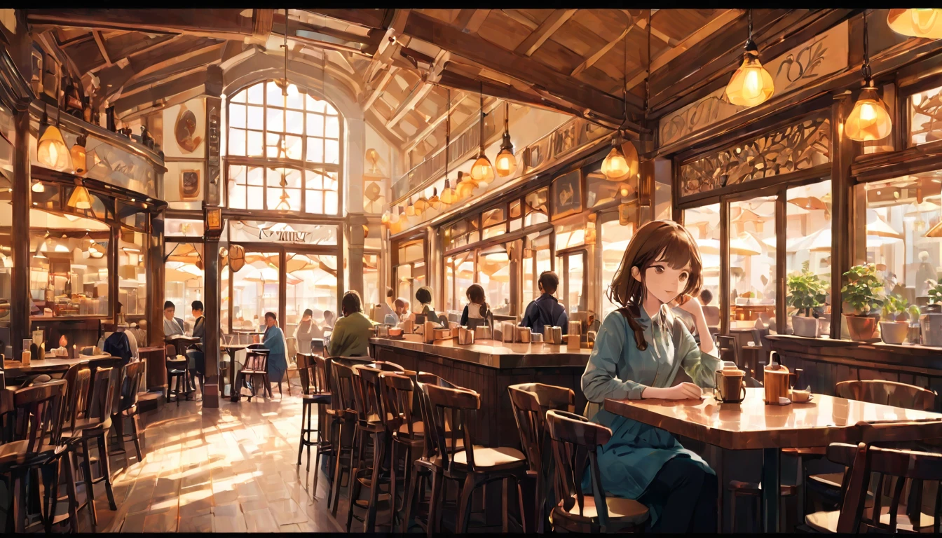 Beautiful and meticulous illustrations, best quality, masterpiece, Vivid colors,high resolution、8k、beautiful girl、A girl, best quality, masterpiece, so beautiful, Perfect composition, Intricate details, Cafe photos, Sunlight, architecture, Busy Street, Ultra-high quality, Very detailed、Very detailedな