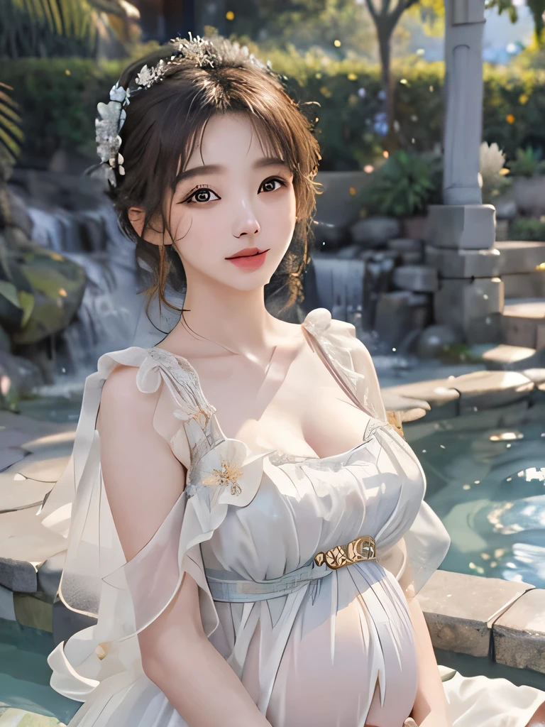 Sweet girl clothes10,korean dress,, (top quality、8K、​Masterpiece:1.2)、(Photorealistic:1.2)、ultra high resolution、Stunning fine details、The facial details are particularly rich、The details of the eyes are super delicate、(Realism:1.3)、A very beautiful lady with real facial proportions、solo、huge tits:1.1、cleavage、slime、a short bob、hot springs:1.3、cosmetic:0.4、(lip gloss、depth of field、Caustics、natural shadow)、(Bokeh DOF:1.3)、Staring at the audience with goddess-like tranquility and happiness, pregnant, big belly bump.