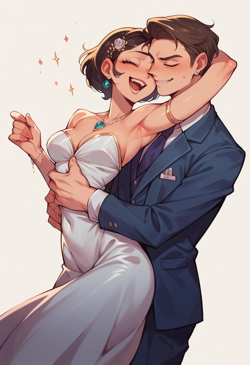 
character at prom, dancing in elegant outfit marsala colored suit holding a woman in his arms in a leaning position happy exciting pixar style