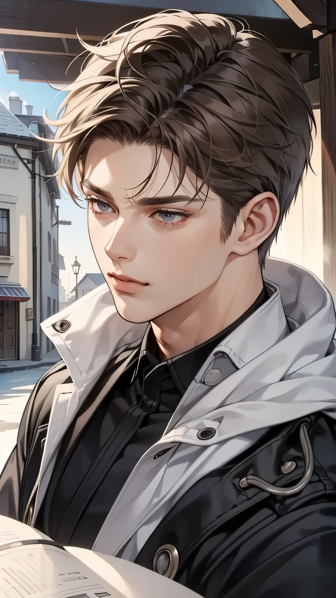 masterpiece, best quality, Practical, 1 person, Mature male, A quiet and charming young man, 35 years old, Close your eyes, Serious, Shut up, extremely detailed face, cold, ((Dark grey eyes)), ((Short dark brown hair)), [Thick eyebrows], ((hunter)), precise, detailed, ((town))