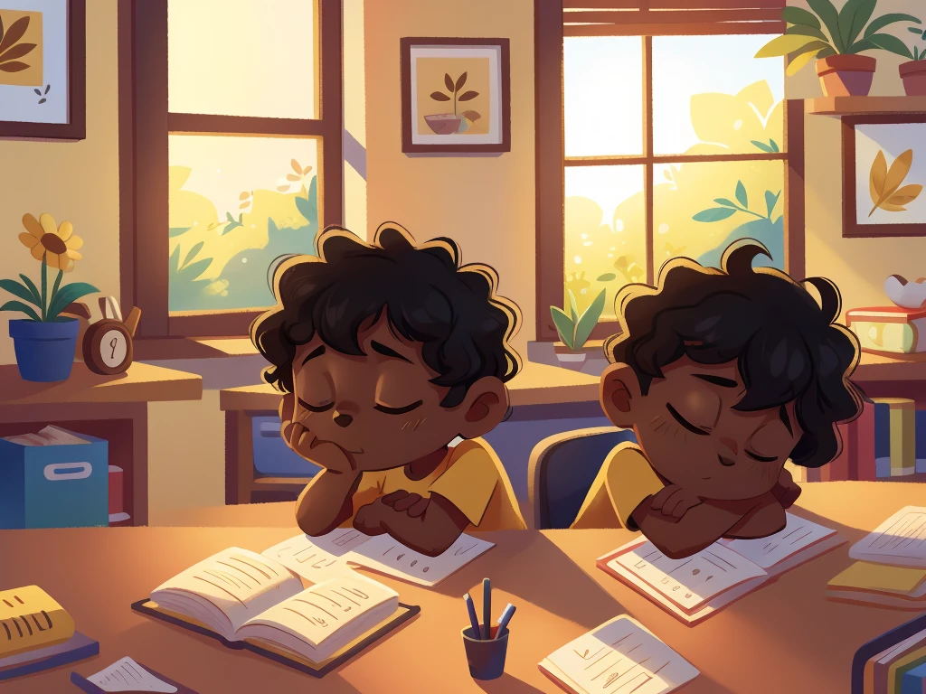 only 1 Illustration of baby black curly very short hair and brown eyes wearing yellow tshirt and black shorts feel very tired lazy and sleeping ,eyes is closed and sitting on desk, background is minimal with large window time is morning
