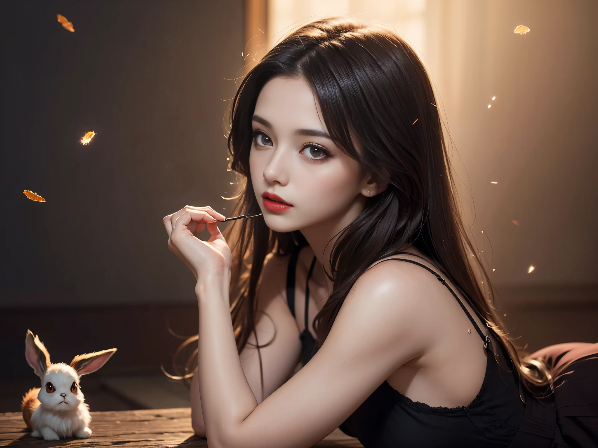 (Best quality,8k,high resolution,masterpiece:1.2)，Digital Artwork，A girl，Delicate face，Delicate eyes，Dark brown hair，Straight Hair，Shining amber eyes，Red lips，suspender long skirt，particle，dust，Warm colors，shy，in love，Eevee drawing，Men&#39;s white collar shirt，necklace，Jewelry，Pretty Face，Large Breasts，more than_Body，Tyndall effect，lifelike，Dark Studio，(HD Skin:1.2)，8k Ultra HD，Soft Light，high quality，Edge lighting，Two-color lighting，Volumetric Lighting，frank，Professional photography，超high resolution，8k，Bokeh，Shallow depth of field