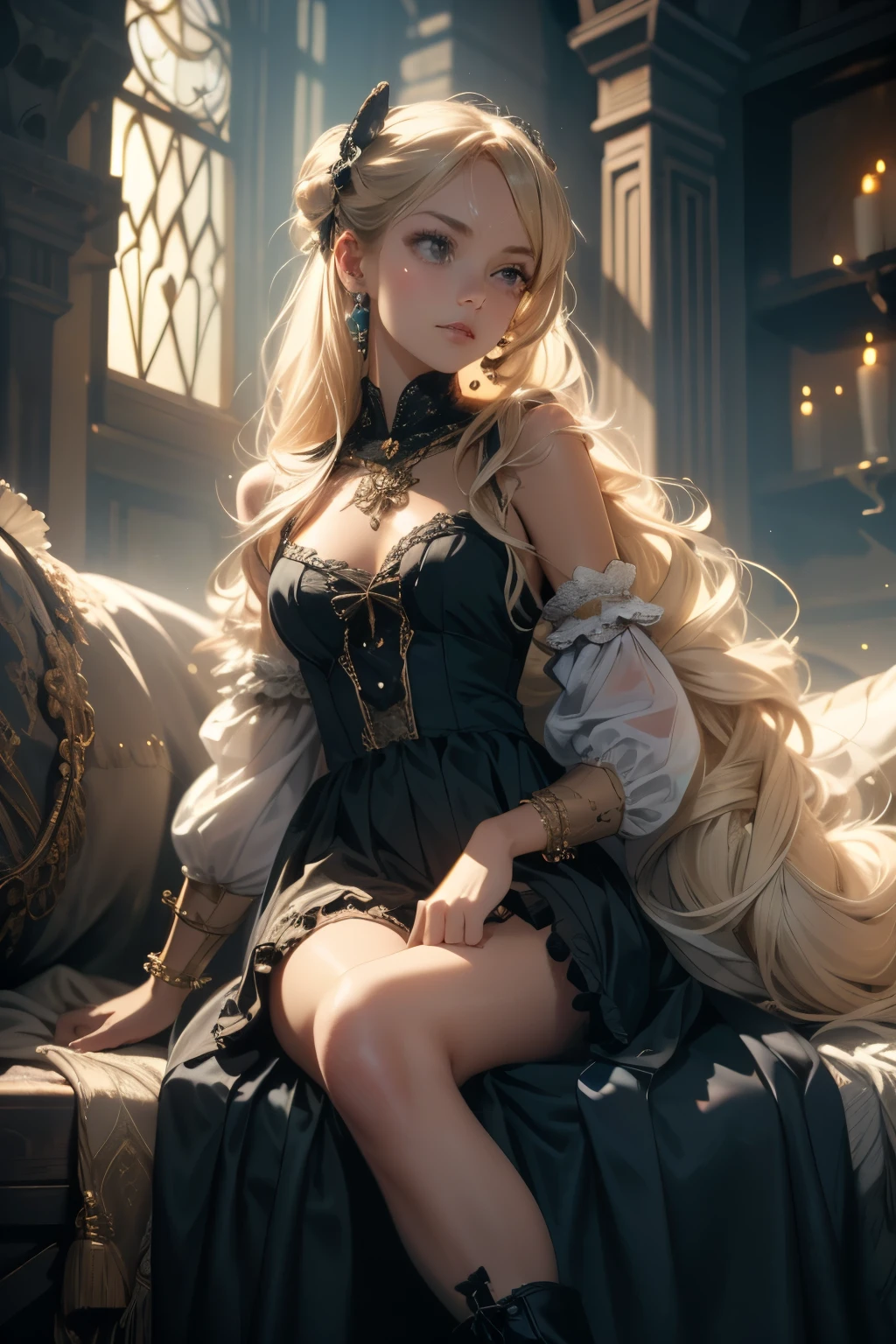 ((best quality)), ((masterpiece)), (detailed), perfect face, a knight, a knight, Bloodborne inspired, tatty Bloodborne attire, occult aesthetic, occult, tatty red and white clothing detailed and intricate steampunk and detailed gothic ta (with a hood), long coat, Complex laced boots, Fluttering lace flared long knee length dress with frilly petticoats, long dress, knee length dress, pleated petticoats, loliress, petticoats gothic lolita, tiful small breasts