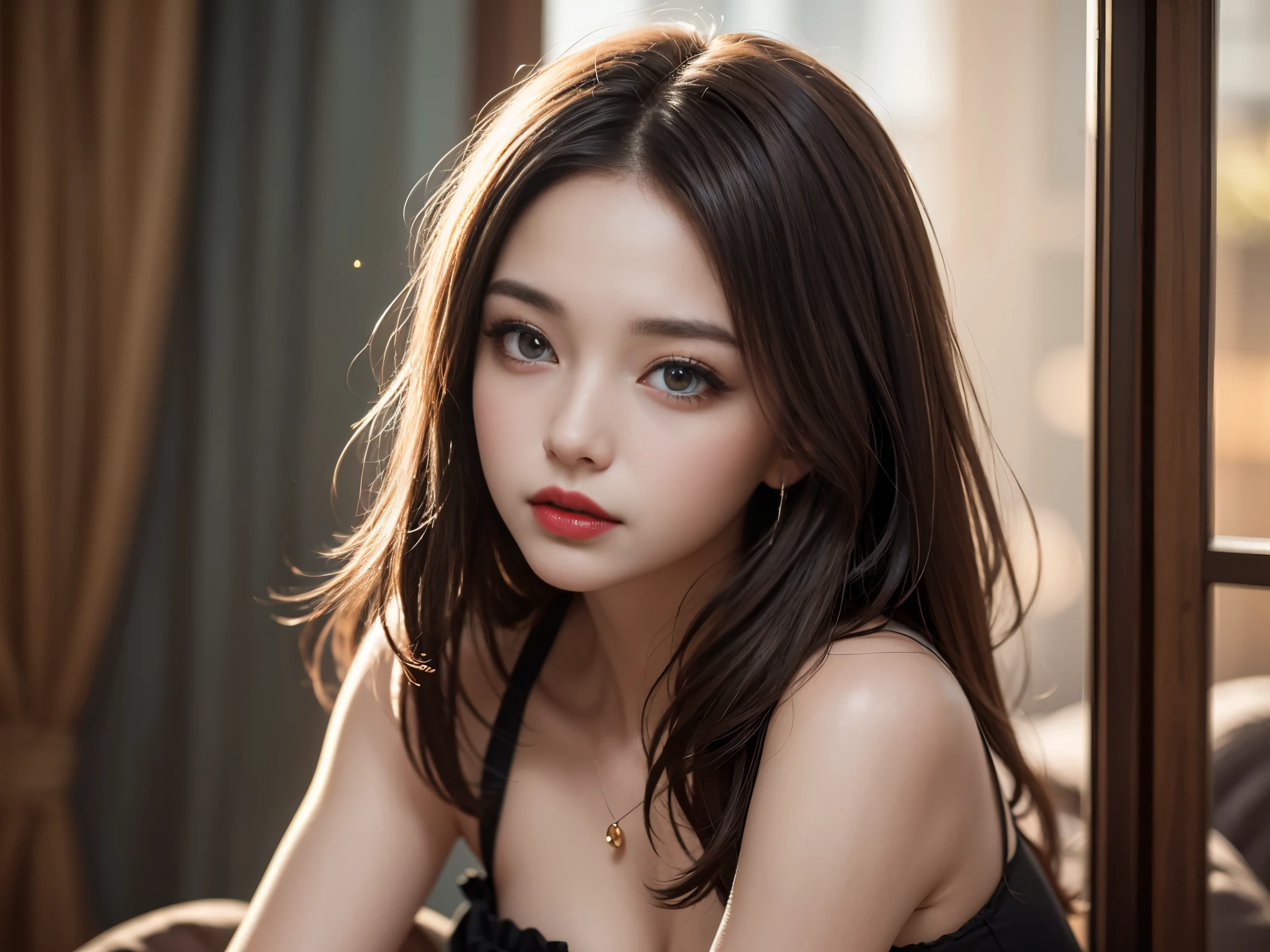 (Best quality,8k,high resolution,masterpiece:1.2)，Digital Artwork，A girl，Delicate face，Delicate eyes，Dark brown hair，Straight Hair，Shining amber eyes，Red lips，suspender long skirt，particle，dust，Warm colors，shy，in love，Eevee drawing，Men&#39;s white collar shirt，necklace，Jewelry，Pretty Face，Large ，more than_Body，Tyndall effect，lifelike，Dark Studio，(HD Skin:1.2)，8k Ultra HD，Soft Light，high quality，Edge lighting，Two-color lighting，Volumetric Lighting，frank，Professional photography，超high resolution，8k，Bokeh，Shallow depth of field