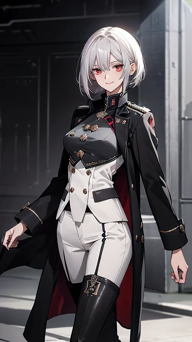 (Confused, High resolution, Very detailed), 1 female, Silver Hair,Bob Hair,Bright red eyes,White and black military uniform,24th generation,beauty,mature,thin,quiet,Calm,A small smile,A kind smile,In front of people you like,Long coat,Slender and thin,boots,skinny pants,observatory,Small breasts,