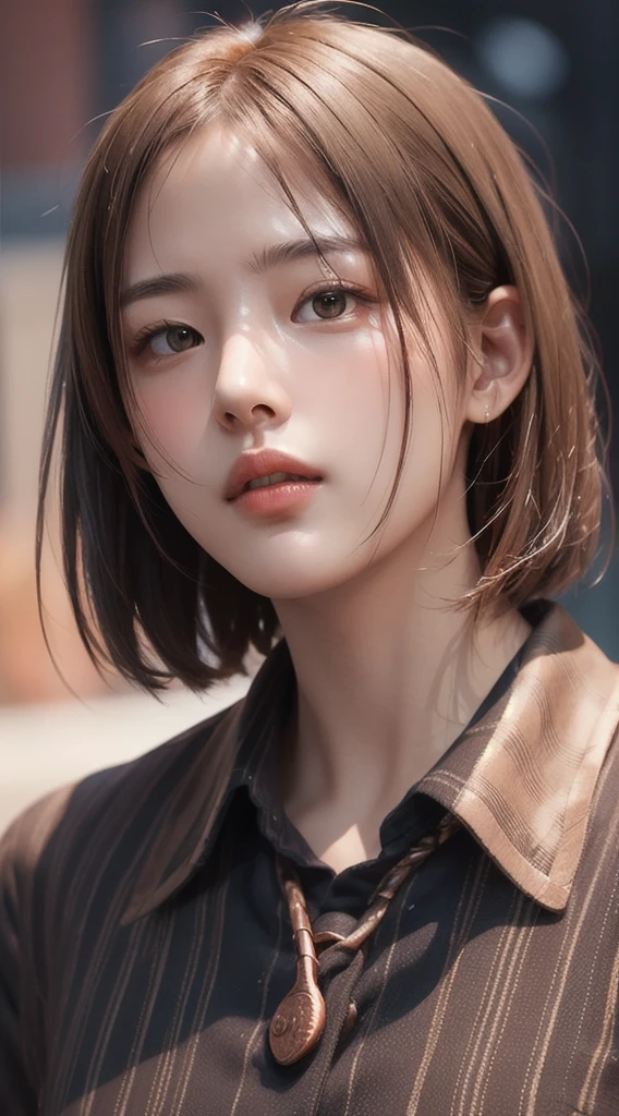 Realistic, Tabletop, Highest quality, RAW Photos, One Girl, alone, Handsome Short Hair, Copper-colored hair、Detailed face, Attractive face, Black collared shirt, Medium chest, Dynamic pose, View your viewers, From below, Detailed Background, Fine details, Intricate details, Ray Tracing, Depth of written boundary, Low Key, Hmph