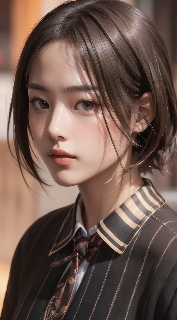 Realistic, Tabletop, Highest quality, RAW Photos, One Girl, alone, Handsome Short Hair, Copper-colored hair、Detailed face, Attractive face, Black collared shirt, Medium chest, Dynamic pose, View your viewers, From below, Detailed Background, Fine details, Intricate details,  Ray Tracing, Depth of written boundary, Low Key, Hmph