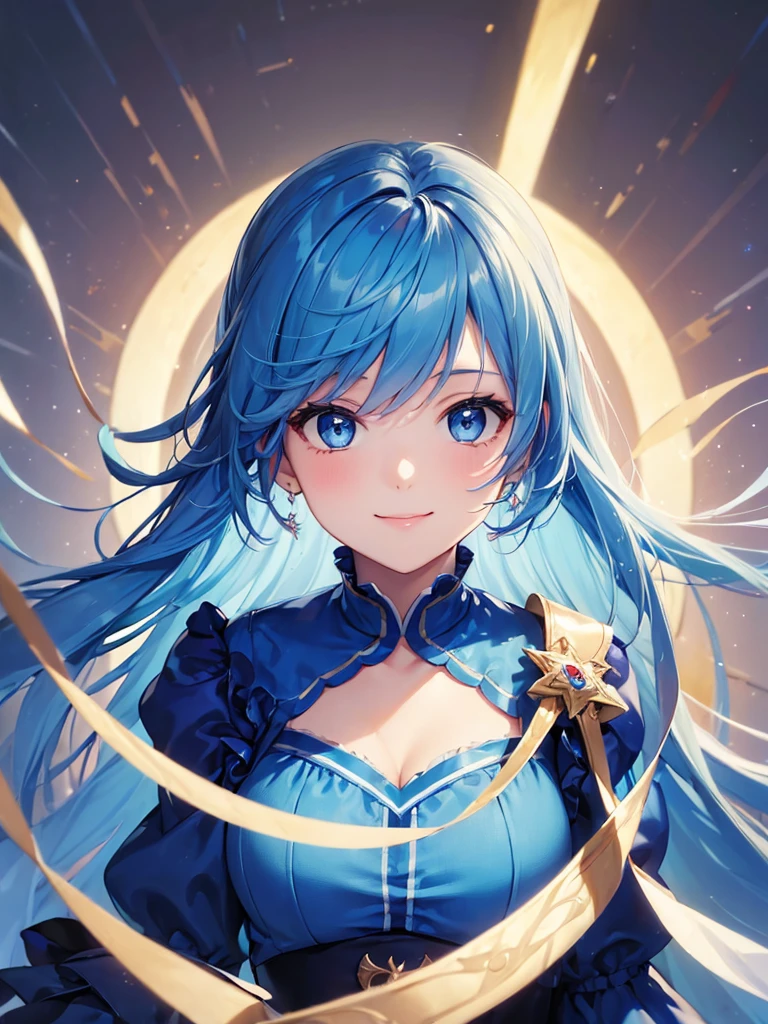 (masterpiece:1.5),(Beat quality),(high res),1girl solo,beautiful face,smile(shining eyes),upper body,light effects,Blue Hair Woman,Blue Dress