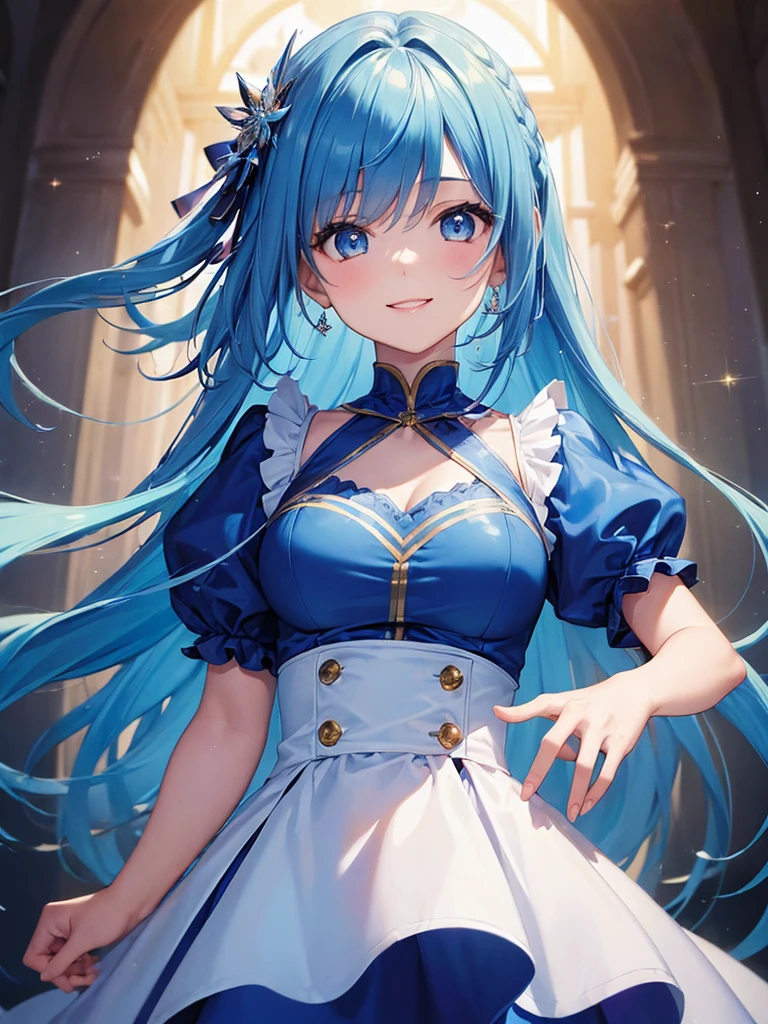 (masterpiece:1.5),(Beat quality),(high res),1girl solo,beautiful face,smile(shining eyes),upper body,light effects,Blue Hair Woman,Blue Dress