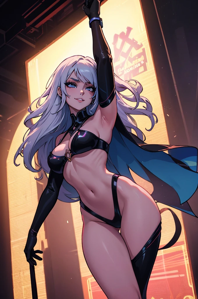 behind shot of An attractive and alluring female dancer on stage, elevating leg, dynamic dance, knowing smile, pale beauty, slim, fit, hourglass figure, artistic, night club, neon lights, high contrast, interplay of lights and shadows (insanely detailed, beautiful detailed face, masterpiece, best quality)