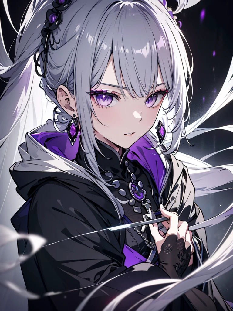 8k,High resolution RAW color art,Anime Art, (((Very detailed and cool))), Detailed skin, Blur、texture,(Exquisitely crafted, The finer details, Ultra-detailed art), (((One boy))), Depth of written boundary, Silky Touch, Hyper Detail, (((Cool face))), eye shadow、Silver Marble Skin, Beautifully detailed purple eyes, Beautiful lip detail, Very delicate face, Delicate depiction of hair and eyes, Detailed Fashion, Silver earrings,Silver Bracelet、Full body depiction, Black high neck、black waist cloak、 A little bit of grey hair、Semi-long hair、(((Hair)))、water surface、silk clotheatte、Soft clothes、cool、Food、Purple Magic