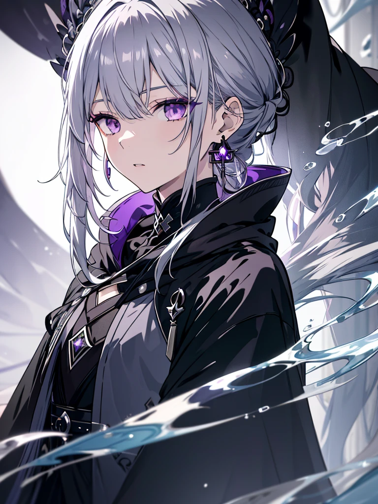 8k,High resolution RAW color art,Anime Art, (((Very detailed and cool))), Detailed skin, Blur、texture,(Exquisitely crafted, The finer details, Ultra-detailed art), (((One boy))), Depth of written boundary, Silky Touch, Hyper Detail, (((Cool face))), eye shadow、Silver Marble Skin, Beautifully detailed purple eyes, Beautiful lip detail, Very delicate face, Delicate depiction of hair and eyes, Detailed Fashion, Silver earrings,Silver Bracelet、Full body depiction, Black high neck、black waist cloak、 A little bit of grey hair、Semi-long hair、(((Hair)))、water surface、silk clotheatte、Soft clothes、cool、Food、Purple Magic