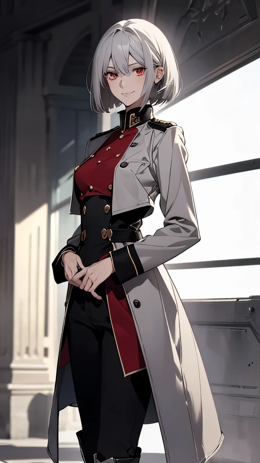 (Confused, High resolution, Very detailed), 1 female, Silver Hair,Bob Hair,Bright red eyes,White and black military uniform,24th generation,beauty,mature,thin,quiet,Calm,A small smile,A kind smile,In front of people you like,Long coat,Slender and thin,boots,skinny pants,observatory,Small breasts,