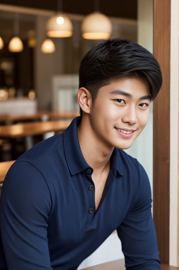 ((realistic daylight)) , Young Korean man in a navy blue polo shirt only, no stripes, and jeans., A handsome, muscular young Asian man looks at the camera. , in the restaurant ,turn sideways, smile
