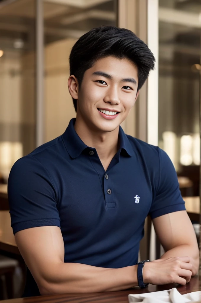 ((realistic daylight)) , Young Korean man in a navy blue polo shirt only, no stripes, and jeans., A handsome, muscular young Asian man looks at the camera.  , in the restaurant ,turn sideways, smile