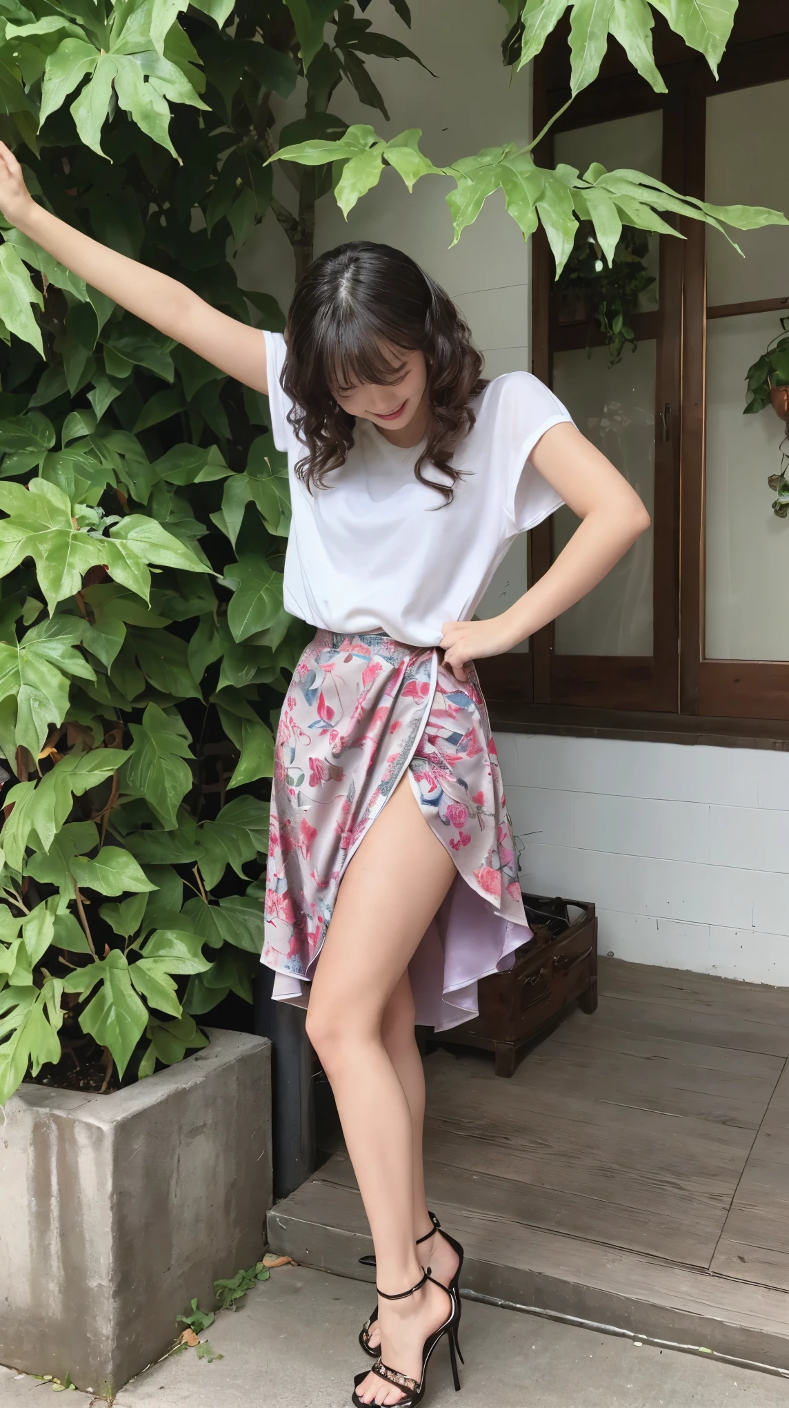 ((masterpiece)),(((Highest quality))),A low-angle shot that emphasizes her beautiful thighs and crotch:1.5,Long legs,The best smile:1.5,Slender figure:1.5,whole body:1.5,(One Girl:1.3),(Viewer Display:1.4),(Pointy high heels:1.3),(Stand with legs apart on the top of a mountain:1.2),(Wearing a long skirt dress with floral and plant patterns:1.2),Curly and golden hair:1.5,She pulls up her mid-length skirt dress to reveal her sexy magenta panties.:1.2,Raising his hands and jumping:1.5,