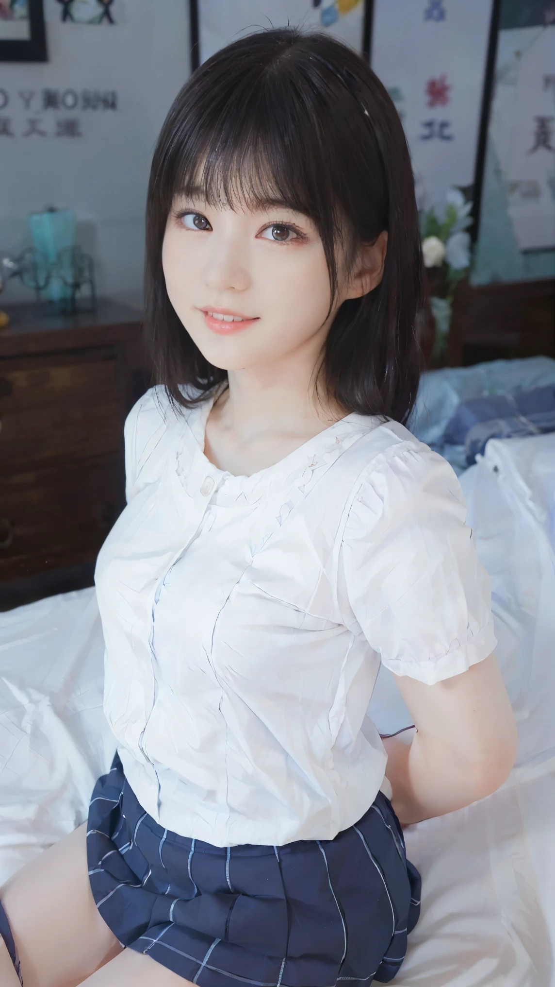 Mix 4, (16K, RAW Photos, Best image quality, masterpiece: 1.45), (Realistic, Realistic: 1.37), One Girl, cute, Professional Lighting, Photon Mapping, Bedroom, Physically Based Rendering, Dark brown long bob hair,beautiful, well-groomed eyes、double eyelid、With a girl, (((Short-sleeved shirts worn by Japanese high school girls、Checked mini skirt,、Dark blue socks、Black Loafers))), Highest quality photos, High resolution, 1080P, (Clear Face), (Detailed face description), (Detailed hand description), (masterpiece), (Exquisite CGI)、Extreme light and shadow、Disheveled Hair、masterpiece、Rich details、(beautiful Faces)、(Top quality photoassessing muscle area)、(Fine grain)、Look in front of you、Thin clavicle、((Slim and large))、シャツを捲れてbeautiful胸が確認できる、(((In Japan, we wear short-sleeved shirts)))、((Pure Idol))、((明るいBedroom))、(Shot from random perspectives)、(((とにかくcute)))、Earrings、Big smile、Drawing the whole body from the knees、No nasolabial folds、(Large and firm breasts:1.2)、Tight big ass、Two arms and two legs、(((from the front:0.4)))、bare hands、Symmetrical eyes