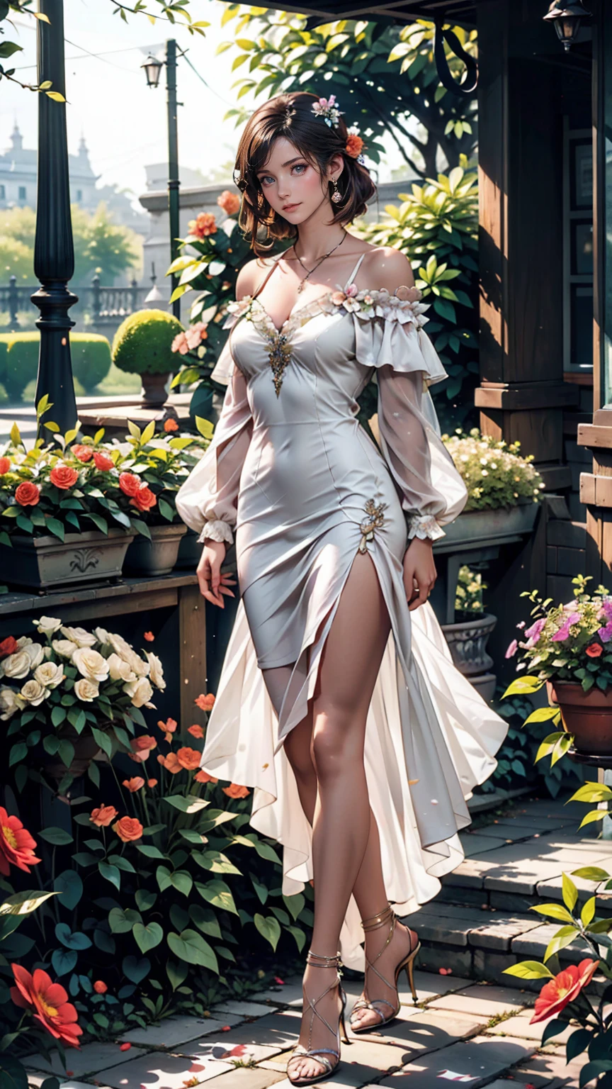 At a formal garden party、A woman wearing an elegant off-the-shoulder dress is walking with a lush garden in the background。Colorful flowers are blooming all around her.、Stiletto heels