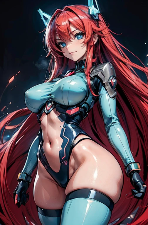 Anime Kawaii sexy Perfect Slim sensual body large breast and huge thighs, An intricate and highly detailed illustration of anime (Young girl). work of art , Kizi ,breasts big. very long red hair , ((shining blue eyes)) , declive , perfect figure , ( technological clothing:1.2) , cyber punk , Prepare your weapon?.future , moderno , in cyber punk city, drlight smile , face detailed ,, , (8k, 最high qualiy 1.2), very detailled, 8k uhd,, soft lighting, high qualiy, film grain, beautiful lighting,, (cinematic:1.4) ,perfectbody , better lighting, best shade, sharpening, sharp contrast,