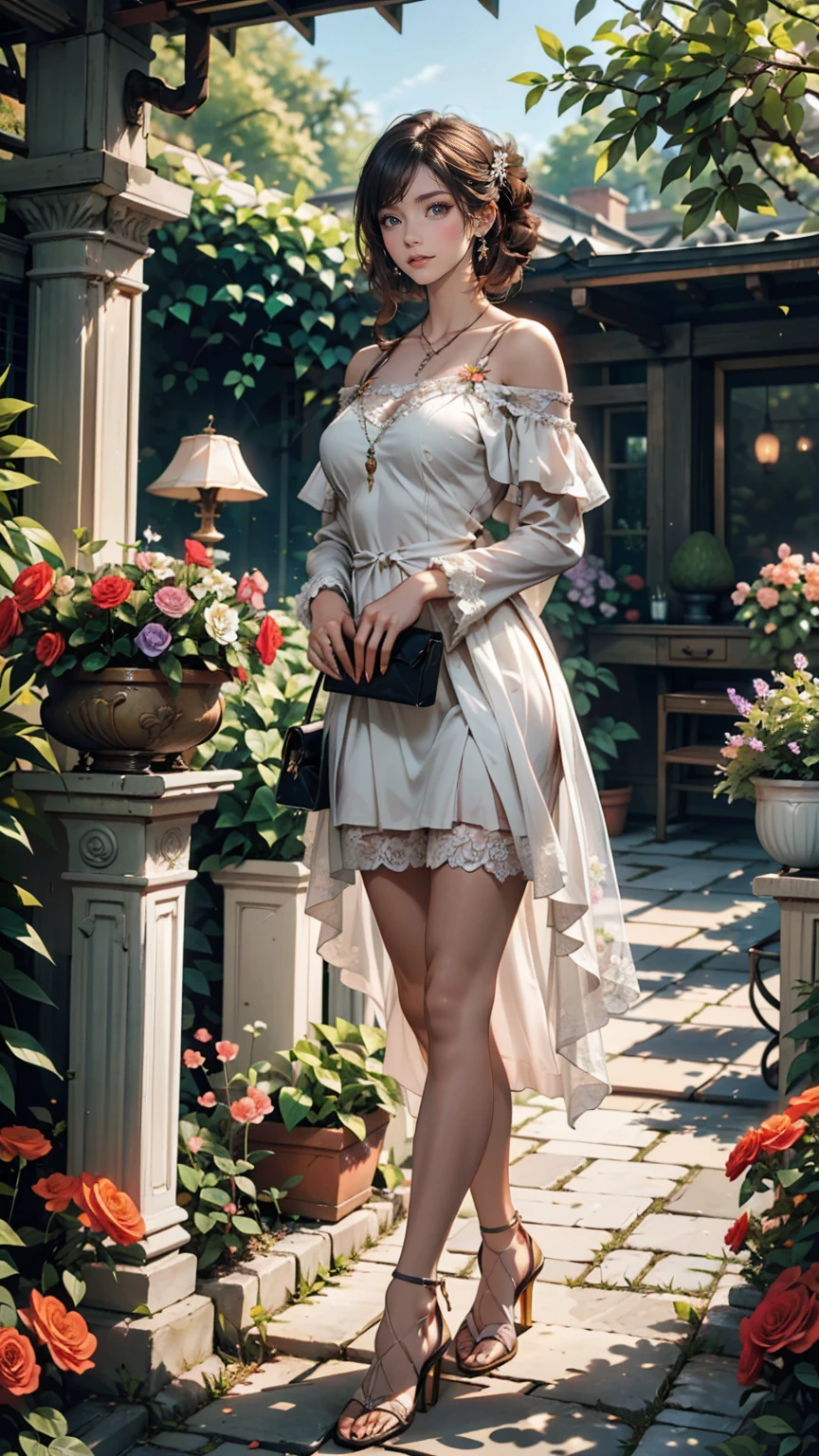 In the historic gardens、A woman from the royal family walking gracefully。She is wearing a gorgeous dress、Colorful flowers around々is in full bloom、High heels