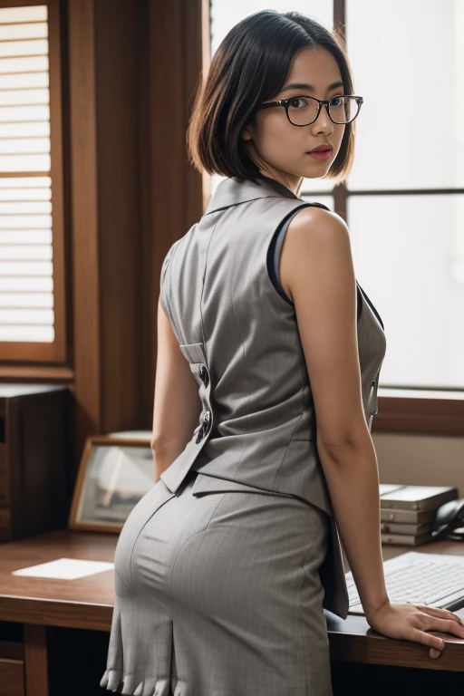 masutepiece, one beautiful women, 12year old,(japanes), (Fantasy Library Background), (White Business Shirt),(((Simple gray waistcoat without frills)))(((Gray suit skirt))), (), Glasses, (medium breasts), , , Shorthair, , (Skin Texture:1.1), Best Quality, 超A high resolution, (Photorealistic: 1.4), Raw photo, , nikon d850 film stock photograph, F1.6 lens, Rich colors, Realistic, cinestill 800, Backlight, Rim lighting, Studio Lighting, Erotic Photography, Bend over the desk, from the rear,A dark-haired,