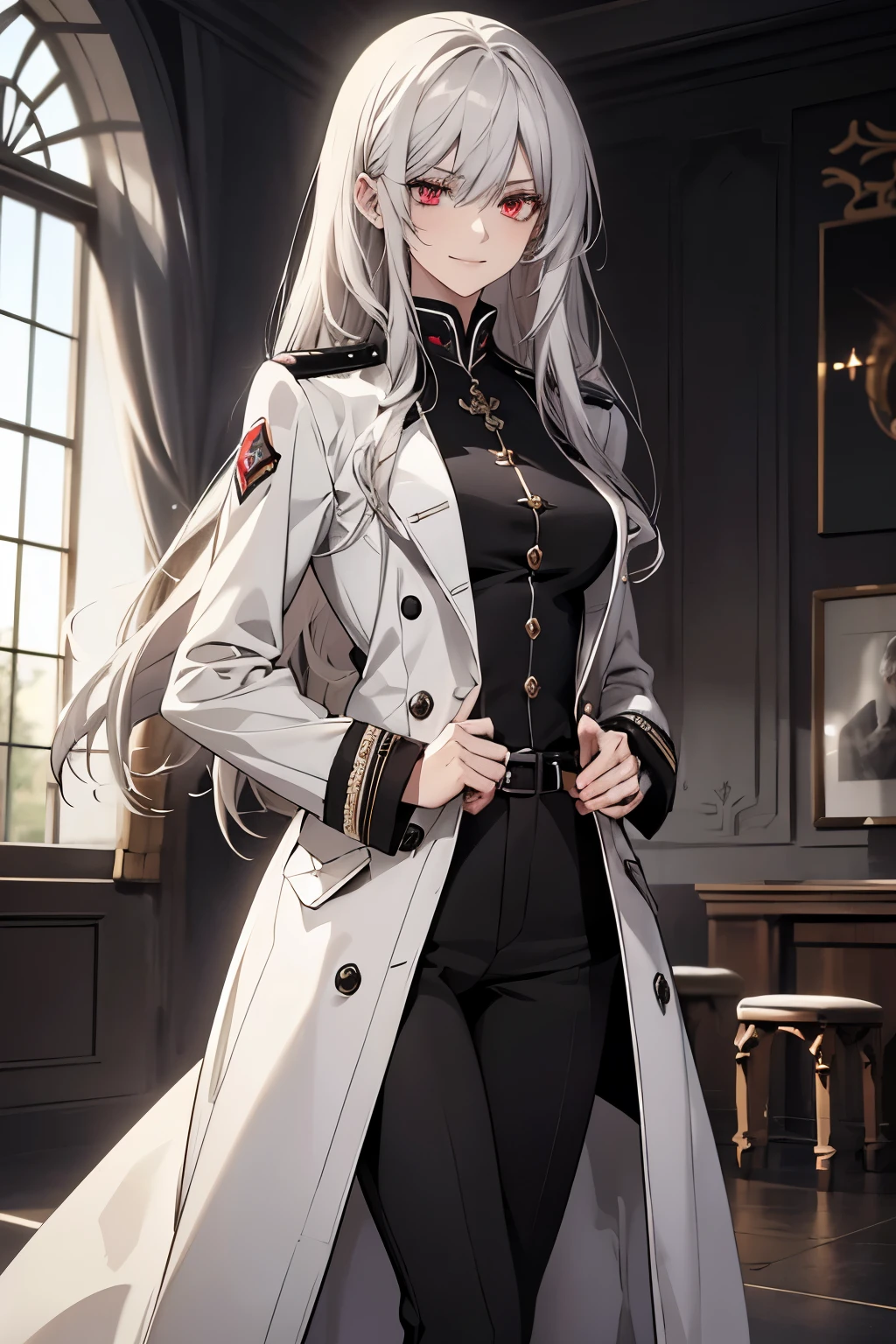 (best quality:1.3), (masterpiece:1.3), (illustration:1.3), (ultra-detailed:1.3), 1girl, ((white hair)), large breasts, ((rough hair, long hair)), Sovetsky_Soyuz, blue eyes, earrings, choker, webbed belt, tactical, pouches, chains, weapon Holster, Long eyelashes, eye shadow, long white hair, ominous vibe, elegant, expressionless, stoic, shadowy, Ultra quality, UHD, high detail, anime aesthetic, Ultra quality, high detail, white overcoat, winter coat, ((military uniform)), black suit, black pants, 