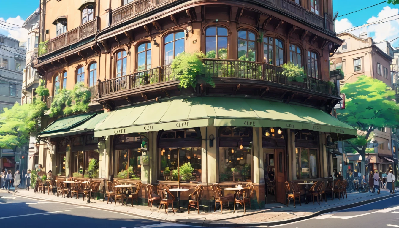 A beautiful old cafe on the corner of a city road . That cafe is full of people who love nature. You can see the cafe on the third floor, Ghibli studio style, ultra 16k, highly detailed of people and street
