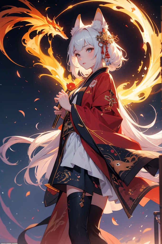 1girl,solo,, official art, unity 8k wallpaper, ultra detailed, beautiful and aesthetic, beautiful, masterpiece, best quality,, Kitsune witch, fox mask, haori jacket, foxfire spell, fox familiar, transformation,