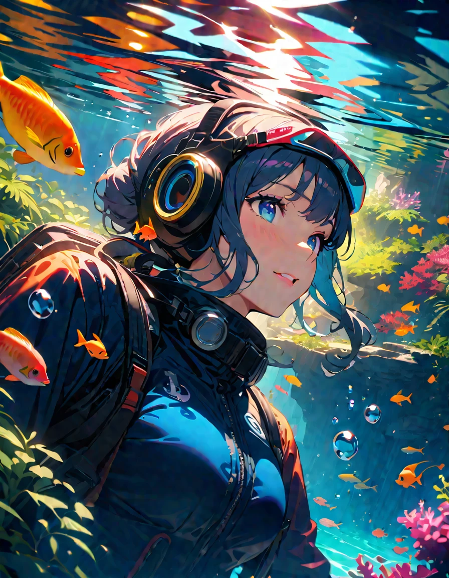 (Highest quality:1.2, Very detailed, up to date, Vibrant, Super Detail, Ultra-high resolution, High Contrast, masterpiece:1.2, Highest quality, Best aesthetics), Detailed eyes、Underwater Scene、Anime girls、Beautiful Lips、Colorful tropical fish、coral、((Wearing a scuba diving suit:1.2))、swimming、Calm expression、rich vegetation、aquatic environment、Light of the sun、Sparkling water reflections、A breathtaking underwater world、Bright colors、Subtle lighting、Tranquility、Life at sea、A masterpiece of art、Surreal atmosphere、Diving goggles、Water bubbles、Shimizu、Tropical paradise、A blissful experience、girl'happy face、coral礁、珍しいLife at sea、Rising Bubbles、Glowing fish scales、A floating sensation like weightlessness。