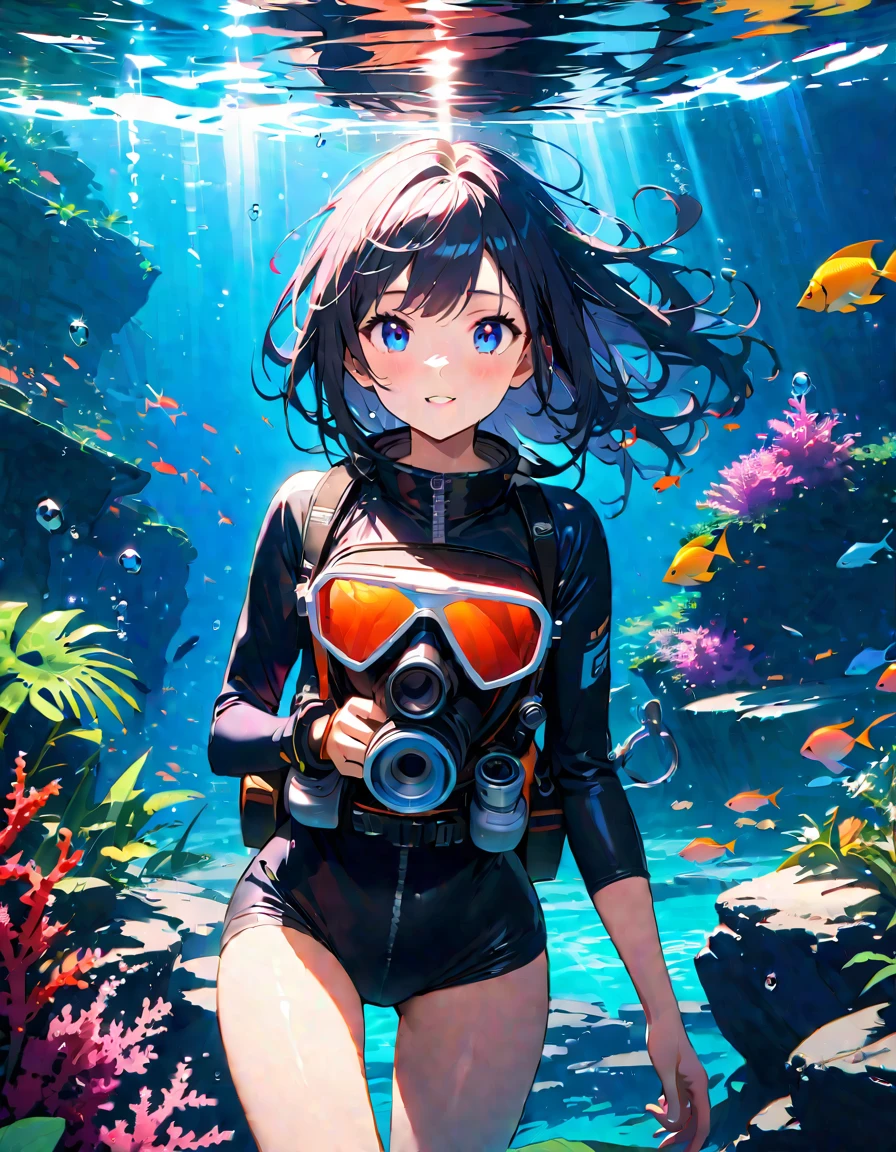 (Highest quality:1.2, Very detailed, up to date, Vibrant, Super Detail, Ultra-high resolution, High Contrast, masterpiece:1.2, Highest quality, Best aesthetics), Detailed eyes、Underwater Scene、Anime girls、Beautiful Lips、Colorful tropical fish、coral、((Wearing a scuba diving suit:1.2))、swimming、Calm expression、rich vegetation、aquatic environment、Light of the sun、Sparkling water reflections、A breathtaking underwater world、Bright colors、Subtle lighting、Tranquility、Life at sea、A masterpiece of art、Surreal atmosphere、Diving goggles、Water bubbles、Shimizu、Tropical paradise、A blissful experience、girl'happy face、coral礁、珍しいLife at sea、Rising Bubbles、Glowing fish scales、A floating sensation like weightlessness。