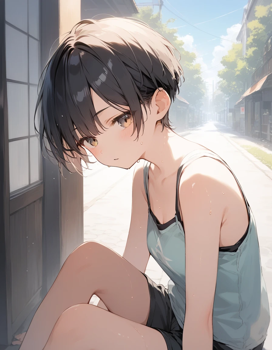 score_9, score_8_up, score_7_up, source_anime, best quality, masterpiece, official art, absurdres, highres, ultra-detailed,waifu2x,Collection: Slice of Life,break,1girl, tomboy, very short hair, pixie cut, breasts, casual, hanme, beautiful detailed eyes, expressionless, shorts, sweat, parted lips, sleepily, outdoors, summer, break,(clear line illustration:1.2), super detailed skin,very high resolution, very aesthetic, Best sexual lighting powered by famous artist, 8k,cute picture,beauty illustration,photoshop_(medium),,(Detailed Lighting),best anime 8k konachan wallpaper, pixiv contest winner,