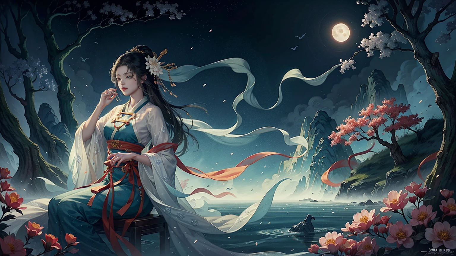 Official Art, Unity 8K wallpaper, Extremely detailed, beautiful and aesthetic, masterpiece, best quality, For the world，You may be alone，But for someone，You could be the whole world, paradox, Adrian Genius, Jenny Savile, Edward Hope, Surrealism, The Dark Arts of James Jean, Takato Yamamoto, 墨water朋克极简主义, fashion magazine, Editorial Photography, gufeng, moon, Tree, Solitary, water, flower, Branches, night, Black Hair, Back to, shawl, full moon, (1 Korean girl，Sexy facial features，Sexy fingers), in Tree, Long hair, Sky, sit, Chinese clothes, Hanfu, crescent moon, permanent, outdoor，手上有一个water晶球
