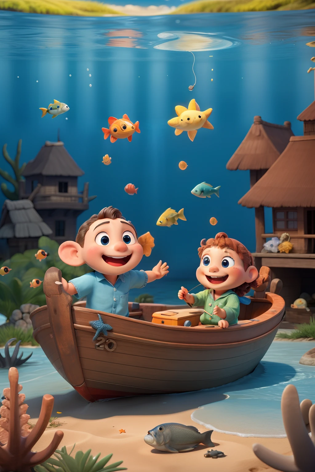 fishing boat with little fish and starfish playing and smiling in a blue sea
