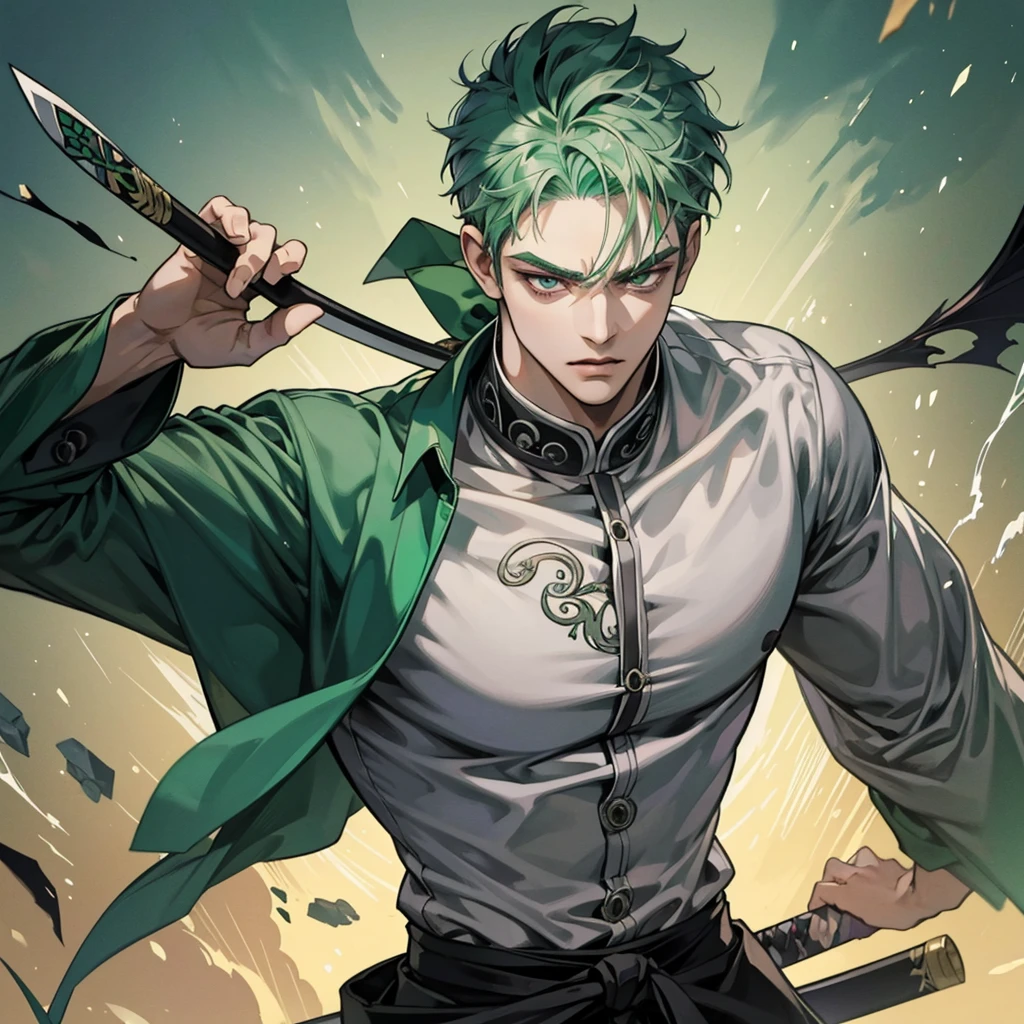 1 handsome roronoa zoro, manly , 3 swords, handsome, demon slayer, filigree, reflective eyes, gray eye, green hair, epic composition, ultra HD, high quality, 32k