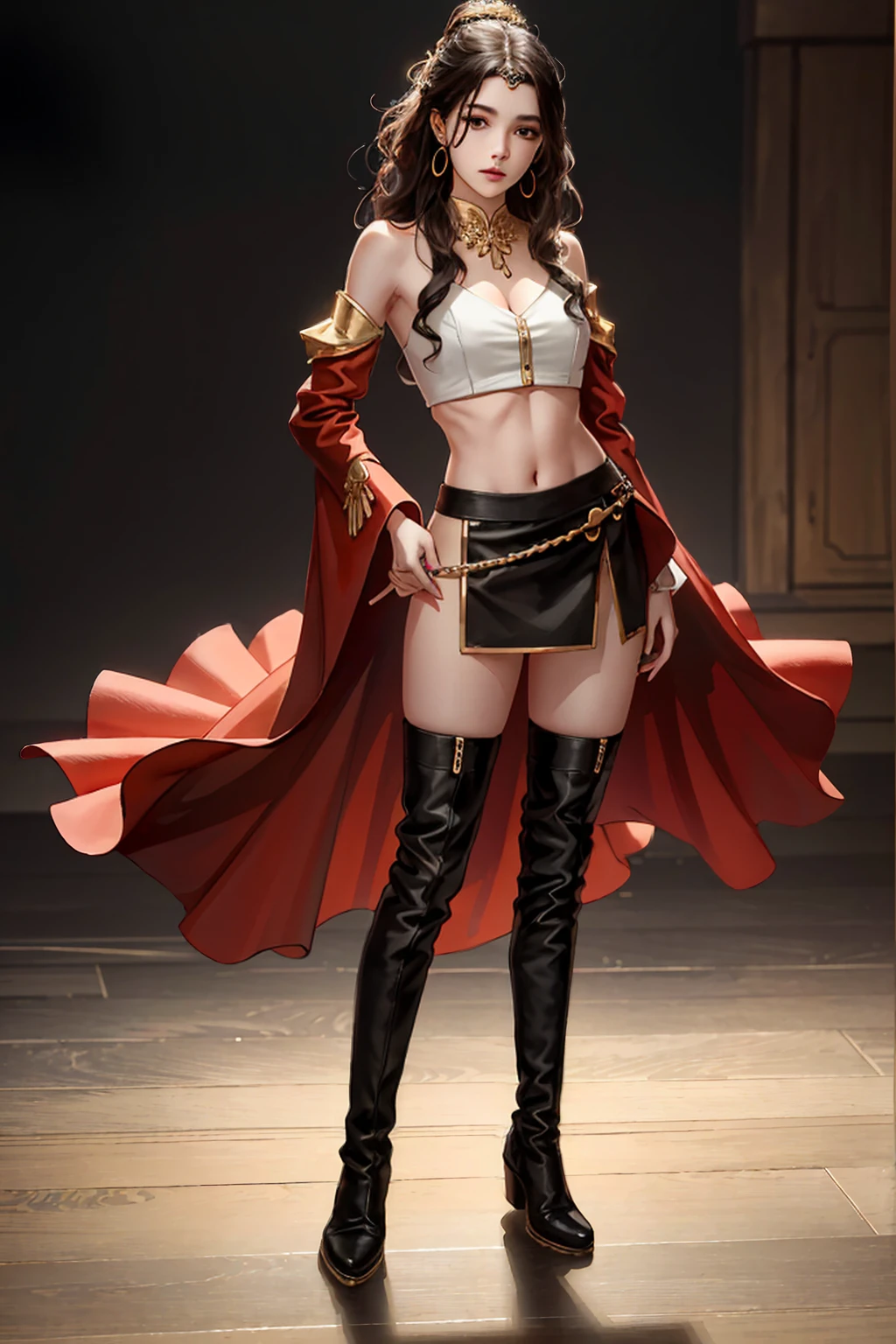 ((Full body photo, standing, feet on the floor)) best quality,masterpiece,highres,original,extremely detailed wallpaper,perfect lighting,extremely detailed CG,blurry background,standing on stage,
Belit,thighhighs,jewelry,earrings,boots,necklace,detached sleeves,skirt,crop top,thighboots,