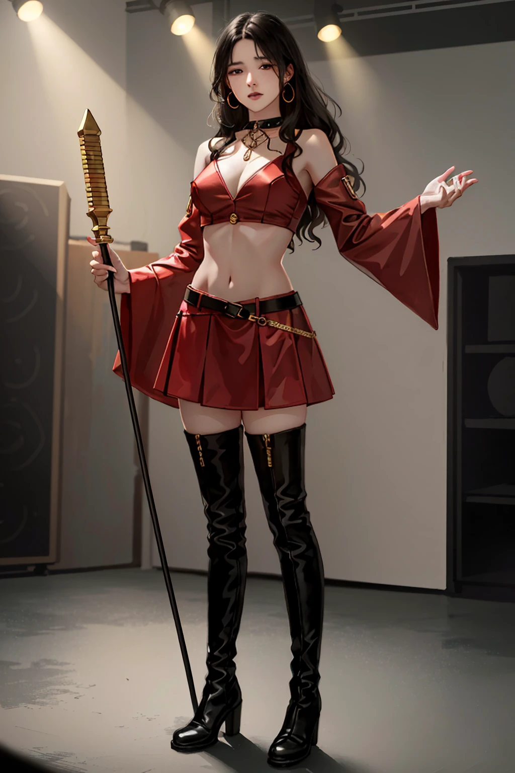 ((Full body photo, standing, feet on the floor)) best quality,masterpiece,highres,original,extremely detailed wallpaper,perfect lighting,extremely detailed CG,blurry background,standing on stage,
Belit,thighhighs,jewelry,earrings,boots,necklace,detached sleeves,skirt,crop top,thighboots,